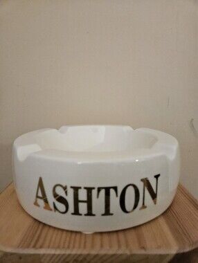 Source Unknown White Ceramic Ashtray with Gold Lettering